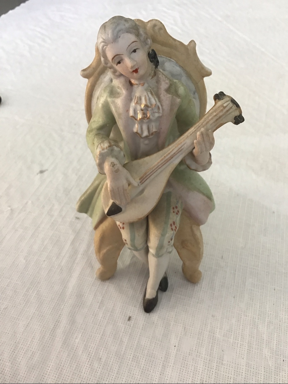 Hand-PaintedBisque Porcelain Musician Figurine in Green and Cream #16